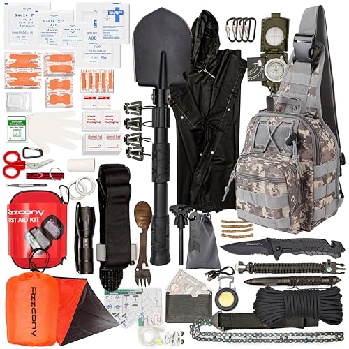 Azzcony Kit de Supervivencia y Primeros Auxilios de Emergencia + Torniquete - 250 Piezas para Mochila de Emergencia Go Bug out con Brújula, Linterna, Pala - Mochila Táctica Militar EDC (Army Blue)