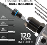 KLRStec Kit de pistola de remache profesional incl. 120 remaches y 4 taladros HSS – Kit de herramientas de remache de alta calidad para procesar remaches ciegos