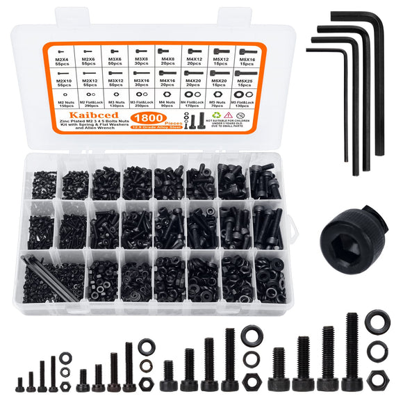 LAURALS 1800Pcs M2 M3 M4 M5 Metric Screw Assortment Kit, Grade 12.9 Alloy Steel Metric Bolt Assortment, Hex Socket Head Cap Machine Screws with Flat&Lock Washers, Nuts and Bolts Assortment Kit