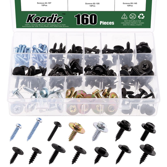 Keadic 160 piezas de 14 tipos de tornillos autorroscantes de metal para coche, kit surtido de tornillos con armadura/oblea/cabeza hexagonal, tornillos de cubierta de parachoques, arandelas, forro de