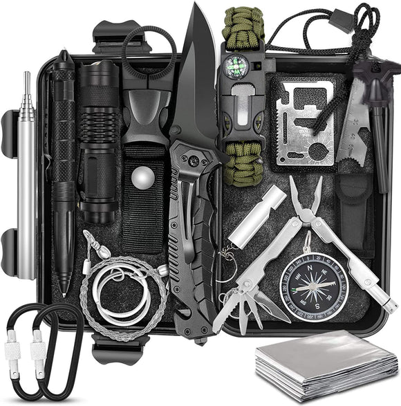 GLURIZ Kit de Supervivencia, 16 en 1 Multifuncional Paquete de Supervivencia de Bolsa de Herramientas, Equipo de Supervivencia para Viajar Caminar Acampar