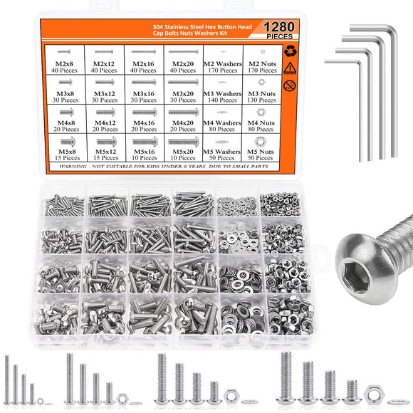 Voyzdx 1280 Piezas Surtido de Tornillos Métricos M2 M3 M4 M5 304 Tornillos de Acero Inoxidable, Surtido de Tornillos Allen con Cabeza Cilíndrica, Tuercas Hexagonales y Arandelas Planas