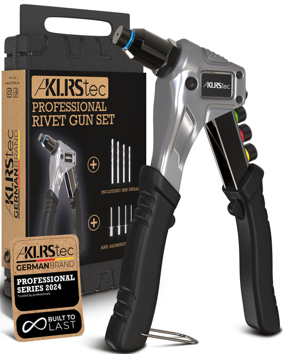 KLRStec Kit de pistola de remache profesional incl. 120 remaches y 4 taladros HSS – Kit de herramientas de remache de alta calidad para procesar remaches ciegos