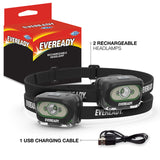 Eveready Faros LED recargables (paquete de 2), IPX4 resistentes al agua para correr, acampar, emergencias, exteriores (cable USB incluido), negro (paquete de 2), ajustable