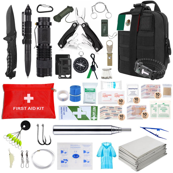 JEMUON Kit de Supervivencia, Kit de Supervivencia Militar Profesional, con Linterna LED, Brújula, Chubasqueros, Gasa, Camping Accesorios, para Supervivencia Al Aire Libre y Protección Personal