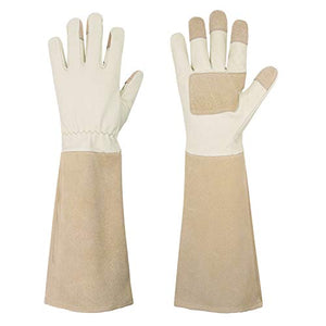 HANDLANDY Guantes largos de poda para hombres y mujeres, guantes de jardinería de piel de cerdo, guantes de jardinería transpirables y duraderos (S, beige)