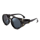 FEISEDY Retro Redondo Steampunk Gafas de Sol Mujeres Hombres Vintage Góticas Lentes de Sol Protectoras Laterales con Cuero B2532