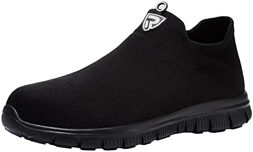 LARNMERN Calcetines de punta de acero, zapatos de seguridad para el trabajo, ligeros, industriales y de construcción, zapatos sin cordones, Negro, 12.5 Women/11 Men