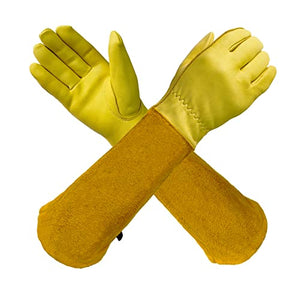 Guantes largos de jardinería de cuero para mujeres, hombres y niños, transpirables, a prueba de espinas, con protección para el antebrazo, palmas de piel de oveja, mangas de cuero vacuno, guantes de trabajo de seguridad para jardín