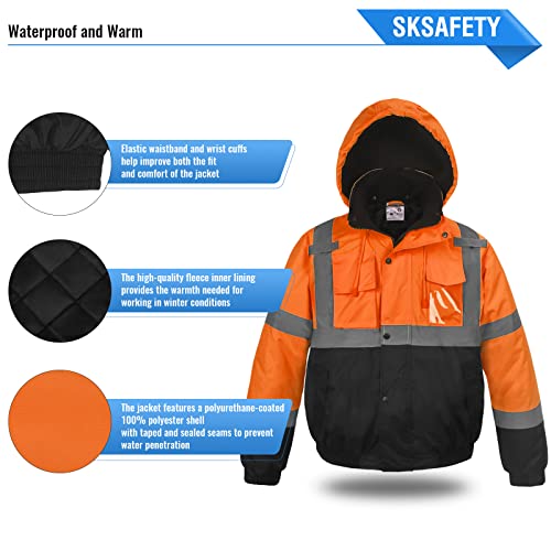 SKSafety - Chaleco de seguridad naranja reflectante de alta visibilidad  Tipo R Clase 2 para hombre y mujer, 10 bolsillos, cumple con ANSI/ISEA