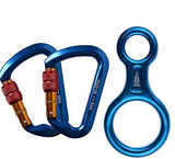 ayamaya Mosquetones de escalada de 30 KN, paquete de 2 y figura 8 descendente, dispositivo de rapel de gancho en D para exteriores, para rapel, Belaying Rock Climbing (azul (2 mosquetones + 1 descenso))