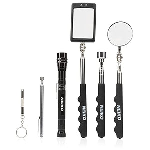 NEIKO 20736A Magnetic Pick-Up Tool and Inspection Mirror Set | Telescoping Flexible & Extendable LED Flashlight | 15lb Retriever Tool | 6 Piece Set | 360 Swivel, Adjustable, Telescoping Mirror