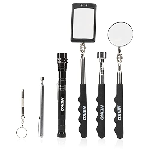 NEIKO 20736A Magnetic Pick-Up Tool and Inspection Mirror Set | Telescoping Flexible & Extendable LED Flashlight | 15lb Retriever Tool | 6 Piece Set | 360 Swivel, Adjustable, Telescoping Mirror