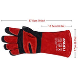 ANDELI Guantes de soldadura de forja de cuero, con costuras de Kevlar, guantes para soldador Mig/Stick/Tig/barbacoa/manejo de animales (14 pulgadas, rojo-negro)