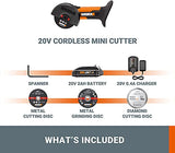 WORX Herramienta de amoladora angular inalámbrica de 20 V, mini cortador de 3 pulgadas, WX801L.1 con 2 discos de corte, batería y cargador incluido