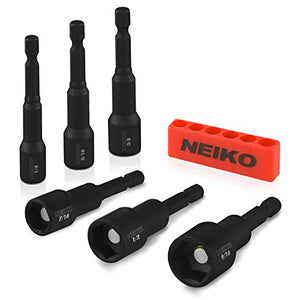 NEIKO 10190A Juego de destornilladores de tuercas magnéticas, 6 piezas, SAE, 1/4" a 9/16", 2-9/16" Juego de brocas de tuerca larga para taladro de impacto, Cr-V