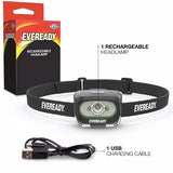 Eveready Value - Linterna Frontal Recargable IPX4, Resistente al Agua, Lente irrompible, luz LED para Exteriores y de Emergencia, Cable USB Incluido, Negro