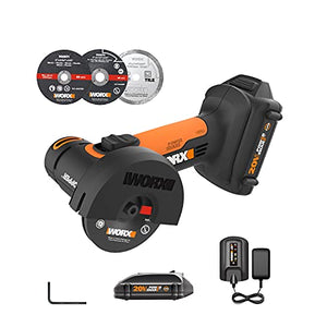 WORX Herramienta de amoladora angular inalámbrica de 20 V, mini cortador de 3 pulgadas, WX801L.1 con 2 discos de corte, batería y cargador incluido