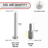 Hilitchi 50 tornillos de acero inoxidable #8 x 1-1/2 pulgadas, cabeza de botón Torx para chapa de metal, tornillos de seguridad plateados, antirrobo, a prueba de manipulaciones con broca T20