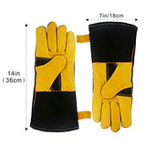 KIM YUAN Guantes de piel resistentes al calor y al fuego con costuras de Kevlar, guantes perfectos para soldadura/horno/parrilla/barbacoa/chimenea/estufa/soporte para ollas/soldadora/manipulación de animales, (14 pulgadas-negro)