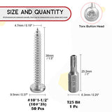 Hilitchi 50 tornillos de acero inoxidable #10 x 1-1/2 pulgadas, cabeza de botón Torx para chapa de metal, tornillos de seguridad plateados, antirrobo, a prueba de manipulaciones con broca T25