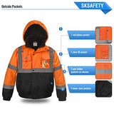 SKSAFETY Chaquetas reflectantes de alta visibilidad para hombre, chaqueta de seguridad clase 3 para hombre, impermeable, abrigos de construcción de trabajo de alta visibilidad, naranja y negro, Medium