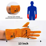 Guantes de soldadura resistentes al fuego para hombres y mujeres, guantes de soldadura ignífugos, extra largos, resistentes al calor, guantes de piel de vacuno (L)