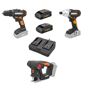 WORX WX911L 20V Controlador de impacto inalámbrico, taladro/controlador, sierra de calar AXIS de corte de precisión y 2 baterías recargables PowerShare Kit combinado