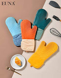 EUNA Guantes de horno de silicona, resistentes al calor, juego de manoplas de cocina antideslizantes con mini guantes de horno y almohadillas calientes, perfectos para hornear, forro acolchado, caja de regalo, azul y azul