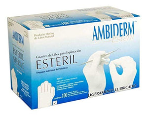 Ambiderm Guante Esteril De Latex Liso Color Blanco Caja con 100 Piezas Talla Mediano