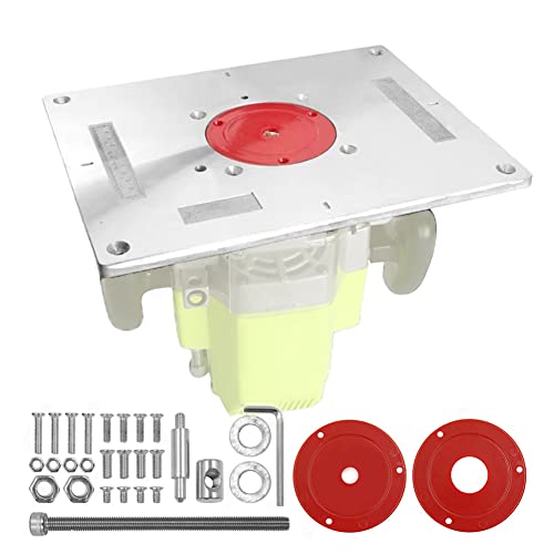 Placa de inserción de mesa de enrutador de aluminio, placa de inserción de enrutador de carpintería, placa de montaje de mesa con 2 anillos de inserción de mesa de enrutador y tornillos para enrutador de madera, 300 x 235 x 9,5 mm