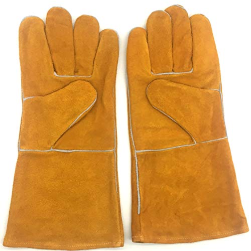 XIAOF-FEN Resistente a Altas temperaturas Guantes de Soldadura - Resistentes al Calor y al Desgaste - for soldadores TIG/Mig/Chimenea/BBQ/Jardinería/Parrillas/Estufas (14 Pulgadas, Oro) Antideslizan