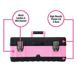 Pink Power Caja de herramientas rosa para mujer – Caja de herramientas pequeña de metal y plástico portátil ligera y rosa con bloqueo vacío – Caja de herramientas para manualidades y herramientas organizador de herramientas para mujer, juego de herramient