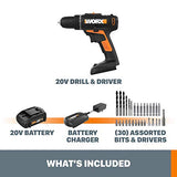 WORX Taladro inalámbrico de 20 V WX101L.4 con 30 brocas de perforación y conducción, juego de batería y cargador incluido