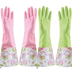 Guantes de goma de látex impermeables para lavavajillas, puños largos y forro de flocado, 2 pares (mediano)