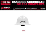 Urrea Casco de seguridad de ala completa con 4 puntos de suspensión, dieléctrico, con arnés de polietileno y ajuste por matraca color blanco