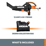 Worx WG509 TriVAC - Soplador eléctrico de Hojas 3 en 1 de 12 amperios con Sistema de Acolchado de Metal