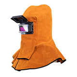 Máscara de soldadura de cuero, capucha de soldador de cuero, casco de soldador con lente de filtro de oscurecimiento automático, casco de soldadura de gorra de trabajo, amarillo (cara completa + cobertura de hombro del cuello)