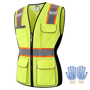 JKWEARSA Chaleco de seguridad para mujer, chaleco reflectante de alta visibilidad con bolsillos, chaleco de trabajo de malla transpirable para mujer, Amarillo, Medium