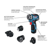 BOSCH GSR12V-300FCB22 12V Max EC Sistema de taladro/destornillador 5 en 1 con (2) baterías de 2.0 Ah