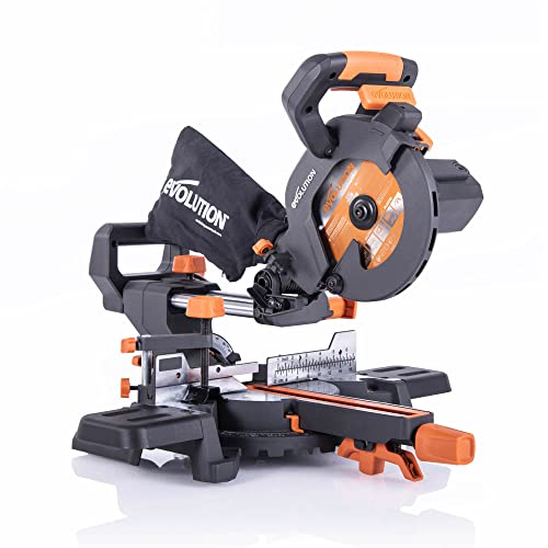 Ingletadora Evolution Power Tools R185SMS+ con corte multimaterial, bisel de 45 grados, inglete de 50 grados, guía de 210 mm, hoja incluida corta madera, plástico, metal y más (1500 W, 230 V, 185 mm)