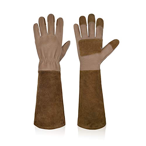 Guantes largos de poda para hombres y mujeres, guantes de jardinería de piel de cerdo, transpirables y duraderos (mediano, marrón)