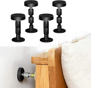 Neatbuddy - Juego de 4 topes para el marco de la cama ajustable, color negro, con almohadillas para muebles y tornillos, no más crujidos, protege la pared de golpes, fácil de instalar (3 a 9 cm)