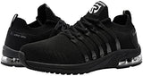 LARNMERN Zapatos deportivos de acero con amortiguación de aire para hombre, zapatos de trabajo de seguridad, cómodos, ligeros, antideslizantes, transpirables, zapatos de tenis de seguridad indestructibles, calzado de construcción industrial, Negro, 7.5 US