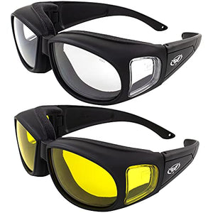 Global Vision Outfitter - 2 pares de gafas de seguridad con marco negro transparente + lentes amarillas acolchadas, ajuste sobre gafas de seguridad