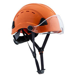 UNINOVA Casco duro de seguridad con visera – Casco ventilado aprobado por ANSI Z89.1 – Suspensión de trinquete de 6 puntos, perfecto para la construcción (visera transparente naranja 03)