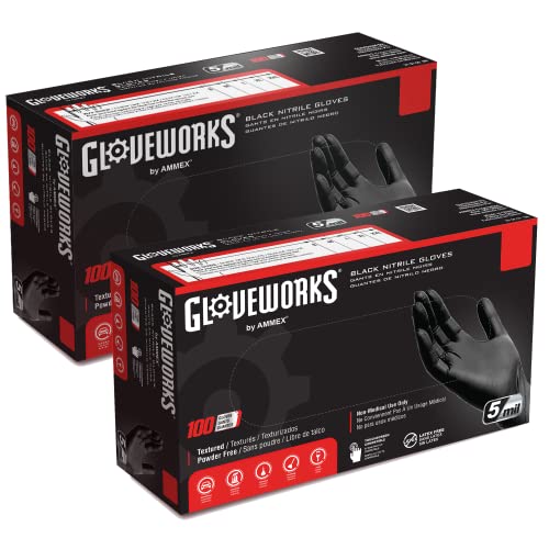 GLOVEWORKS GPNB42100BX2 - Guantes industriales de nitrilo negro, 5 mil, tamaño pequeño, sin látex, sin polvo, texturizados, desechables, aptos para alimentos, caja de 100 unidades (2 unidades)