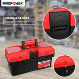 MAXPOWER Caja de herramientas de plástico de 35,5 cm con bandeja extraíble con doble bloqueo asegurado, color rojo