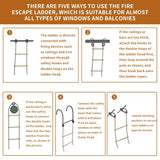 Escalera de escape de incendios de emergencia de 5 m, resistente al fuego, cuerda de seguridad con 2 mosquetones de gancho para niños y adultos, fácil de desplegar, resistente y fuerte, portátil y reutilizable, probada a 2000 libras