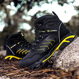 LARNMERN Botas de punta de acero a prueba de pinchazos para hombres, indestructibles, cómodas, antideslizantes, antiestáticas, botas de trabajo de seguridad al aire libre L91185 (27.0 cm, Negro amarillo)